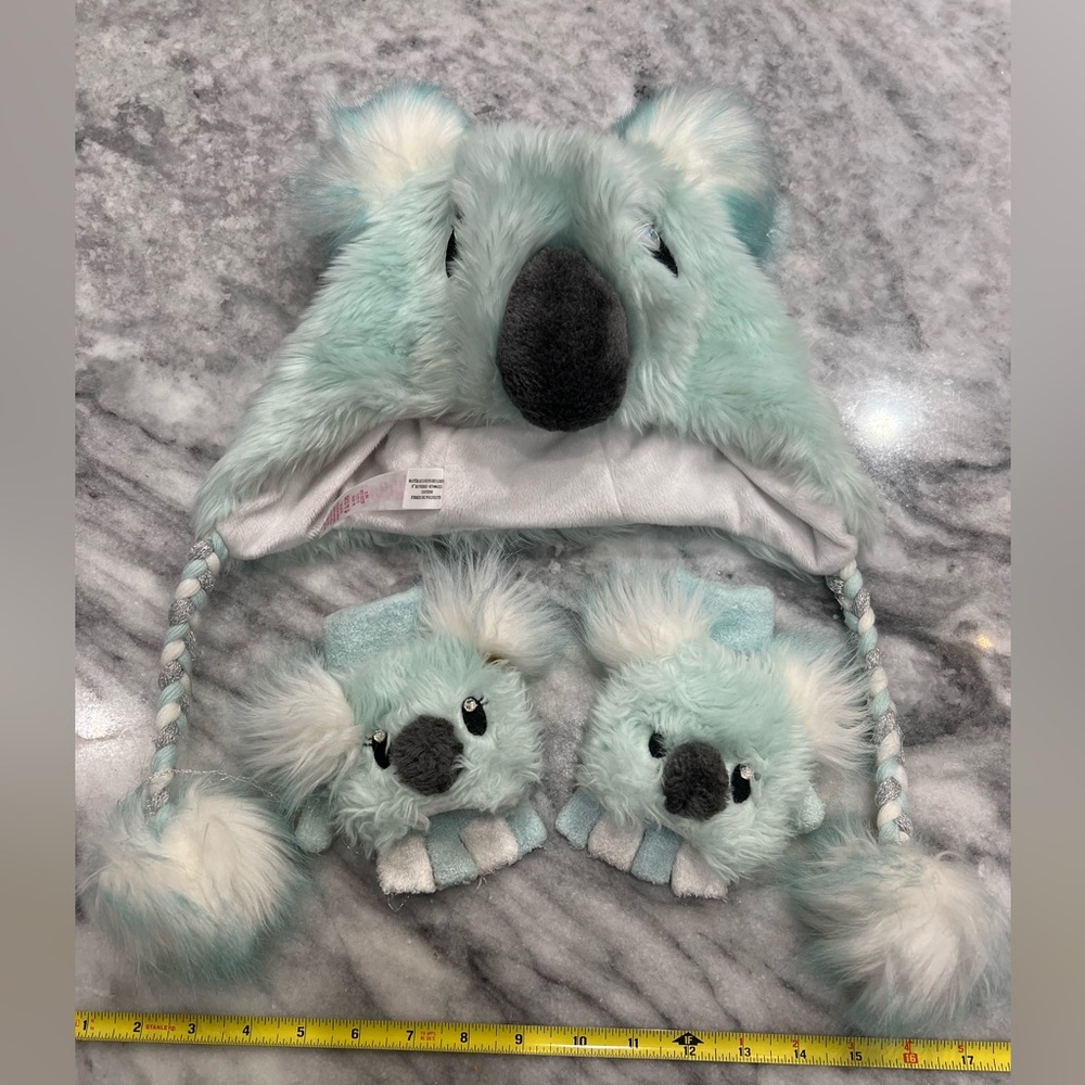 Justice Girls Koala Winter Ear Flap Hat & Matching Mittens, One Size